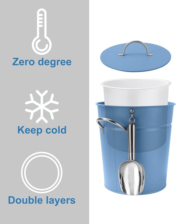 3Qt Blue Galvanized Ice Bucket with Lid, Scoop & Handles - Ideal for Cocktails, Parties, BBQs, Wine & Champagne Double-Layer Insulated Outer & Galvanized Inner Layer, Perfect for Home & Outdoor Use