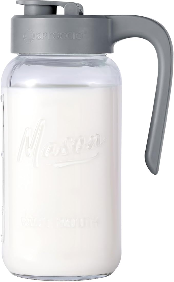 Mason Jar Pitcher - Airtight & Leakproof Glass Pitcher with Lid, Perfect for Breastmilk, Cold Brew, and Sun Tea, 2 Quart (64 oz) Mason Jar with Pour Spout Lid