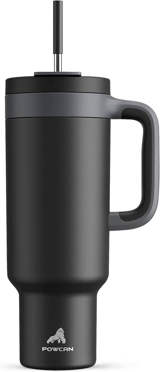 POWCAN 50 oz Tumbler with Handle, 2-in-1 Straw and Sip Lid, Leakproof, Dishwasher Safe, Insulated Stainless Steel Travel Coffee Mug, Keeps Cold for 34 Hours, Fits in Car Cup Holder (Midnight)