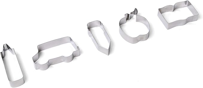 Fox Run Cookie Cutter Set, Back To School Cookie Cutter Set, Pencil, Crayon, Bus, Apple, Book, Medium