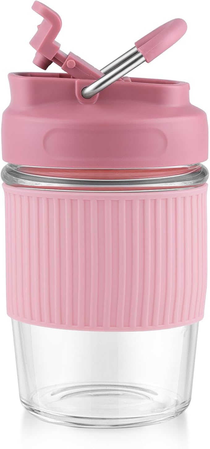 Sivaphe Reusable Glass Ice Hot Coffee Cup 12 oz, Portable Travel Mug with Spill-Proof Lid and Thermal Sleeve for Home Office Pink