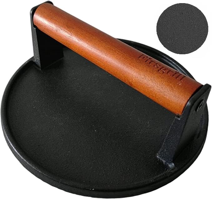 Firsgrill Burger Press 7.08" Round & 8.3”X4.3”Rectangle Heavy-Duty Cast Iron Smash Meat Steak with Wood Handle for Blackstone Camp Chef Pitboss Weber Treager Griddle Grills (Flat Bottom)