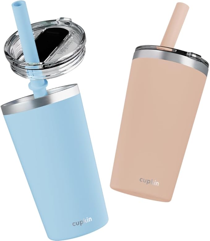 CUPKIN Toddler Tumblers, The Original 12 oz Stackable Stainless Steel Cups, Set of 2 Powder Coated Insulated Kids Water Bottle Alternative & BPA Free Lids + Reusable Silicone Straws (Peach + Teal)