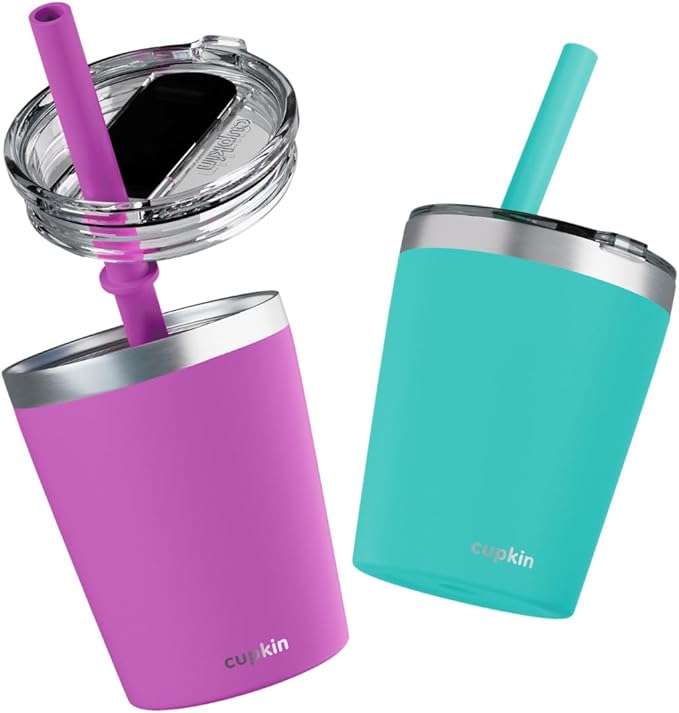 CUPKIN Cups with Lids and Straws, The Original 8 oz Stackable Stainless Steel First Sippy Cup, Set of 2 Powder Coated Insulated Kids Hot Drink Cup + BPA Free Lids + Silicone Straws (Green + Pink)