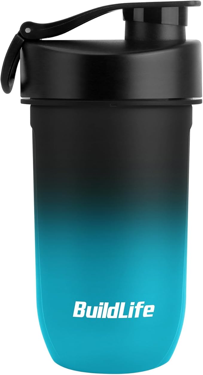 BuildLife Protein Shaker Bottle, 20oz Tritan Shaker Cup with Silent Mixing Grid – Lump Free Shakes 600ML for Pre Workout Protein & Smoothies, BPA-Free Leakproof Dishwasher Safe (BlackBlue)