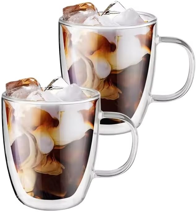 Set of 2 Double Wall Borosilicate Glass Mugs 12oz (360ml) – Insulated, Heat-Resistant, Dishwasher Safe Coffee and Tea Mug Set for Hot & Cold Beverages