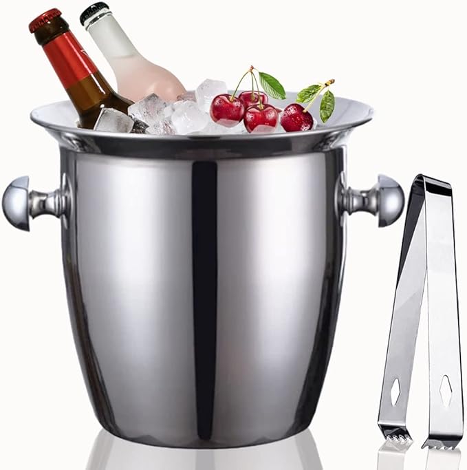 Ice Buckets - Champagne Ice Bucket with Tongs, Silver Trumpet Ice Bucket Stainless Steel Mirror Reflection Wine Cooler for Wedding Bar Beer Red Wine Liquor Beverages Party, Ice Frozen Longer,2.5L