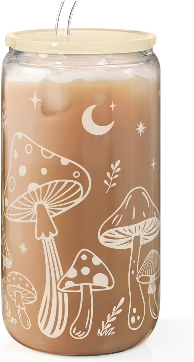 SANDJEST Mushroom 16oz Can Glass Tumbler with Acrylic Lid & Straw, Iced Coffee Cup for Women, Aesthetic Cups Gifts for Birthday Christmas