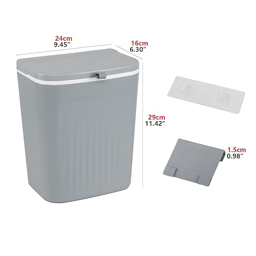 3.2 Gallon Kitchen Hanging Trash Can with Lid, Plastic Wall-Mounted Garbage Can, Gray