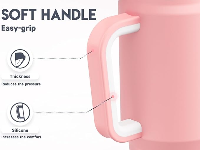 Meoky 32 oz Tumbler with Handle, Insulated Tumbler with Lid and Straw, Stainless Steel Travel Mug, Keeps Cold for 24 Hours, 100% Leak Proof, Fits in Car Cup Holder (Blush)
