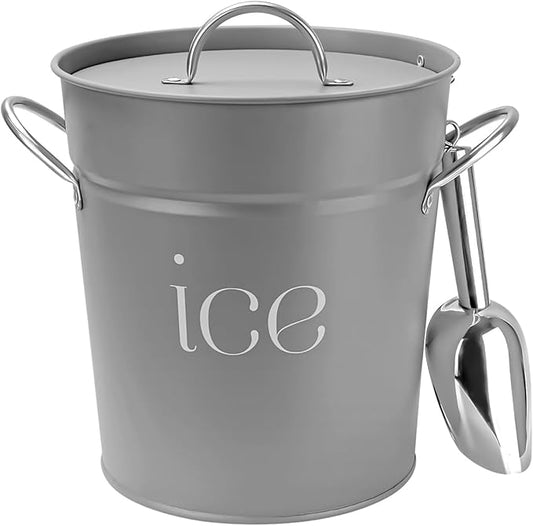 3Qt Gray Galvanized Ice Bucket with Lid, Scoop & Handles - Ideal for Cocktails, Parties, BBQs, Wine & Champagne. Double-Layer Insulated Outer & Galvanized Inner Layer, Perfect for Home & Outdoor Use