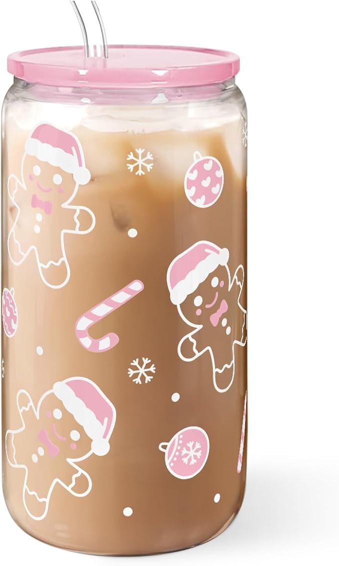SANDJEST Christmas Gingerbread 16oz Can Glass Tumbler with Acrylic Lid & Straw, Iced Coffee Cup for Women Girls, Aesthetic Cups Gifts for Xmas