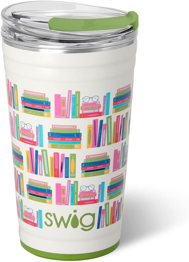 Swig Life 24oz Party Cup, Stackable Insulated Travel Coffee Tumbler with EZ Slider Lid, Cup Holder Friendly, Stainless Steel 24 oz Tumbler, Reusable Coffee Mug (Book Club)