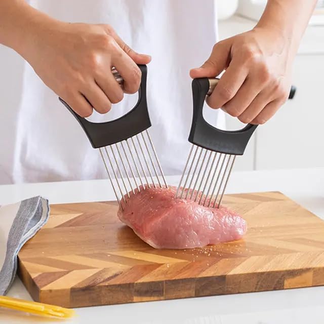 Stainless Steel Onion Holder Slicer.Meat slicer food slice Assistant onion holder. Kitchen Gadgets. Vegetables Holder cutting., madiam, Silver