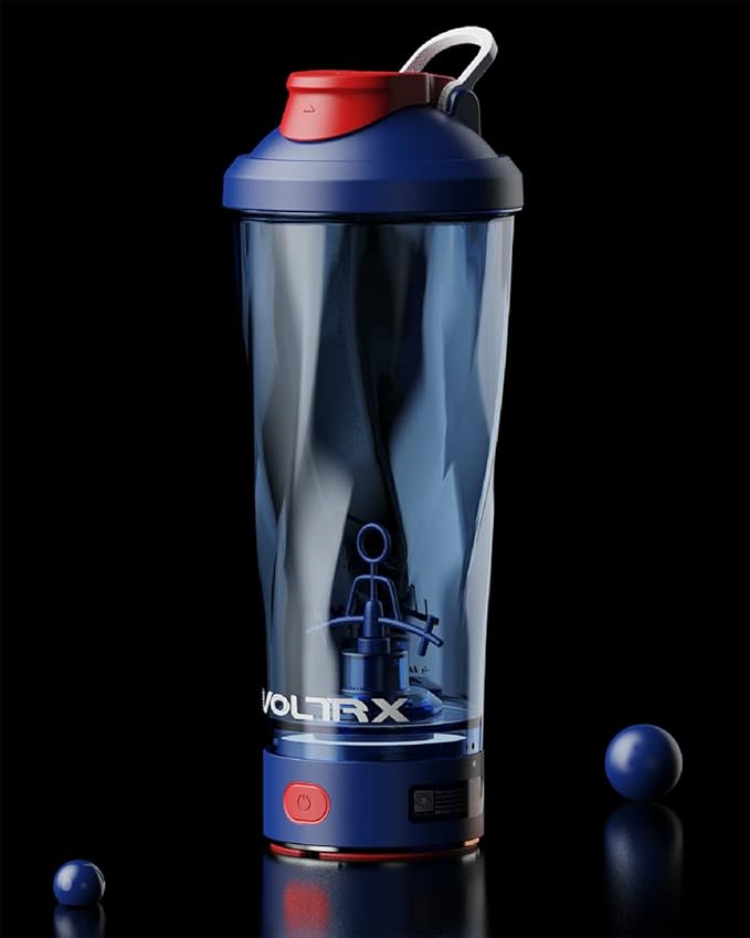 VOLTRX Electric Shaker Bottle - VortexBoost Portable USB C Rechargeable Protein Shake Mixer, Shaker Cups for Protein Shakes, BPA Free, Waterproof, Colored Light Base, 24 oz (Power Blue)