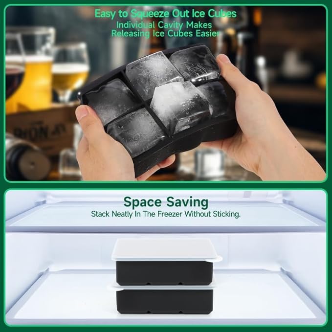 Silicone Ice Cube Tray, Easy Release Flexible Silicone Freezer Mold with Removable Lid, 2PCS of 6 Large Ice Cubes Tray for Whiskey, Freezer, Cocktail, Reusable & BPA Free (6 Square*2)