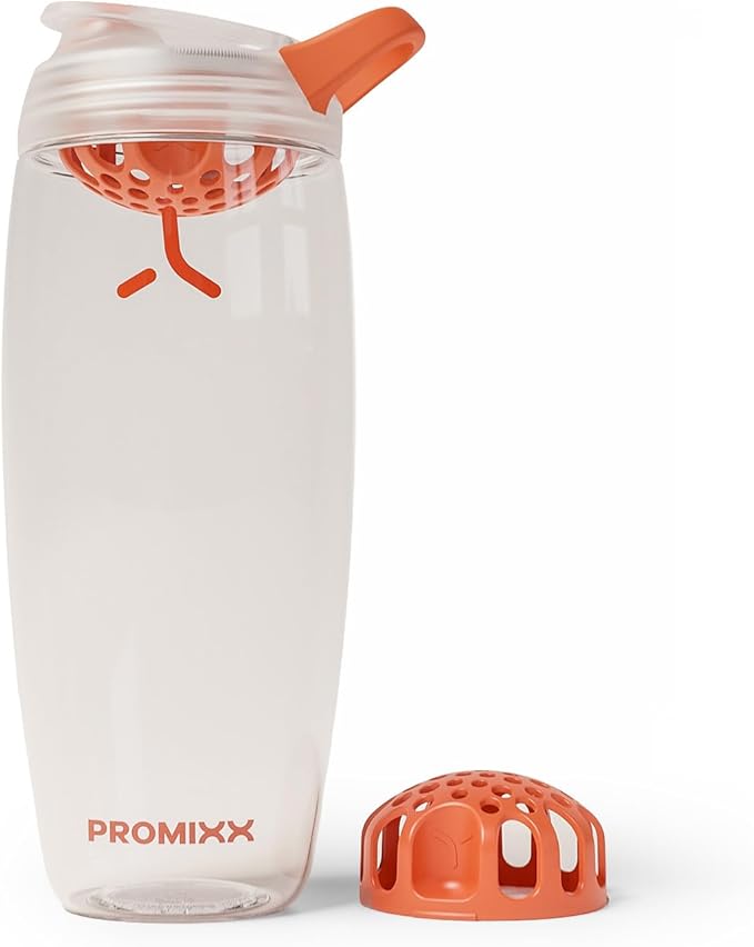 Promixx Pursuit Protein Shaker Bottle – 32oz Silent Snap-Fit Mixer for Lump-Free Shakes – Leak-Proof BPA-Free Ecozen Gym Shaker with Measurement Marks for Fitness and Travel – Clear