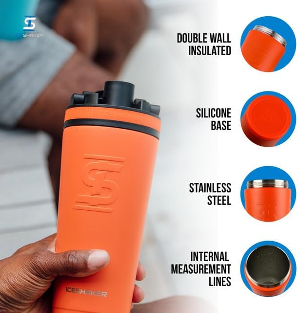 Ice Shaker Insulated Stainless Steel Shaker Bottle | 26oz, Orange | Cold for 30+ Hours | Insulated Cup with Twist-on Agitator | Odor-Free Bottle for Protein Shakes, Water, Smoothies, Cocktails