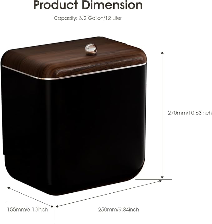 Large 3.2 Gallon Compost Bin, Under Sink Trash Can with Lid, Hanging Waste Cabinet for Office Kitchen Cupboard Bathroom Bedroom, Black