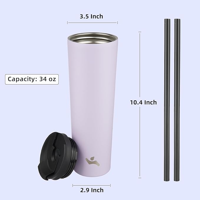 Konokyo 34 OZ Insulated Tumbler with Lid and 2 Straws Stainless Steel Water Bottle Vacuum Travel Mug Coffee Cup,Taro