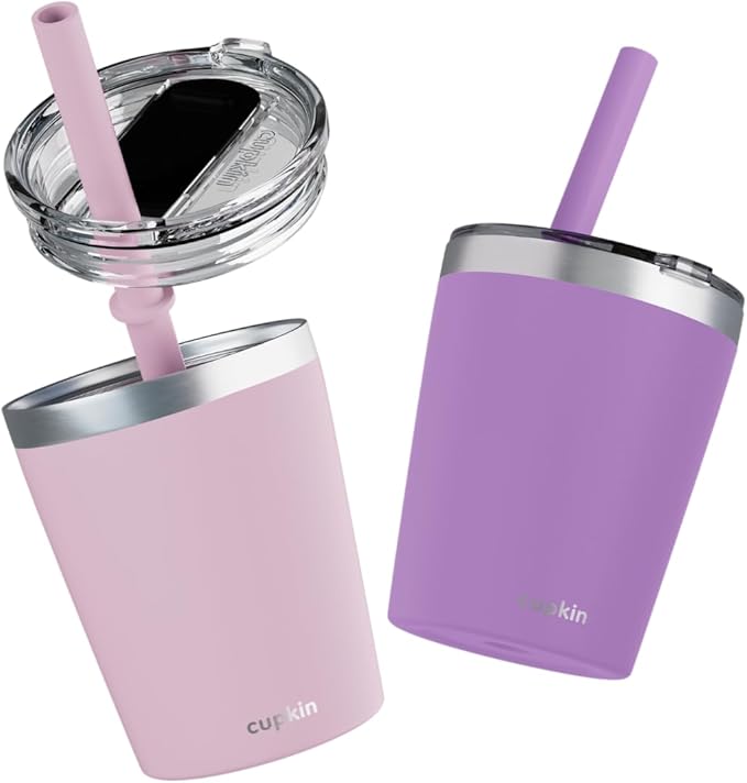 CUPKIN Kids & Toddler Cups, The Original 8 oz Stackable Stainless Steel Sippy Cup for Toddlers 3+ Years Old, Set of 2 Insulated Water Cups for Kids & BPA Free Lids + Silicone Straws (Pink + Purple)