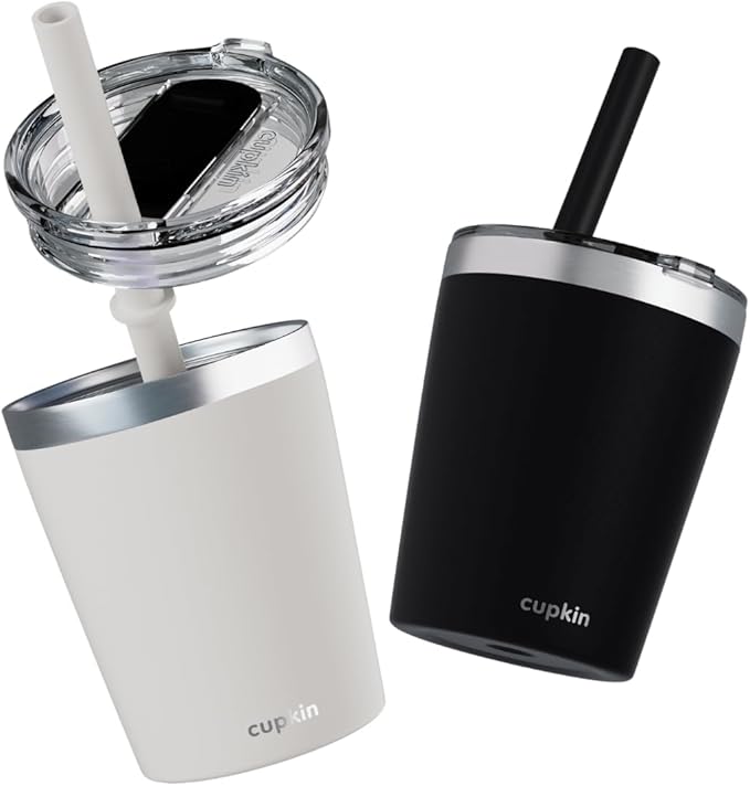 CUPKIN Trainer Sippy Cup, The Original 8 oz Stackable Stainless Steel Modern Tumblers, Set of 2 Powder Coated Insulated Cups for Kids + BPA Free Lids + Reusable Silicone Straws (8oz Black + White)