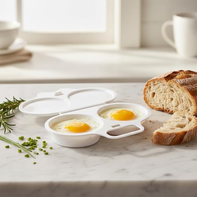 1Pc White Egg Poacher, Microwave Egg Boiler Poacher, 2 Cavity Nonstick Poached Egg Maker With Lid, Egg Poacher Microwave Egg Cooker, Double Drain Poached Egg Cups Cookware（13 * 5cm）