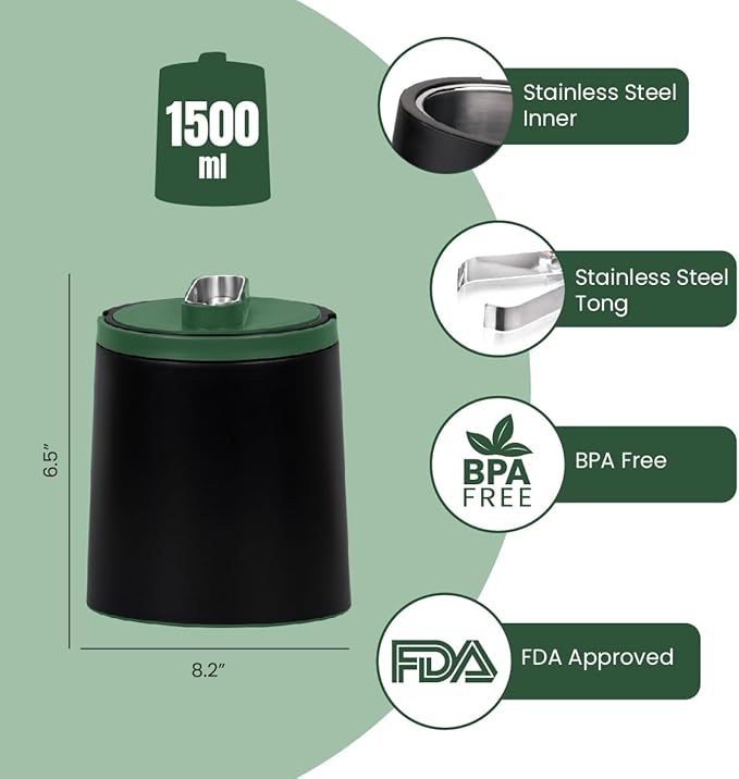 PINNACLE Insulated ice bucket for parties with Tong that fit into Lid - Stainless Steel ice bucket for cocktail bar with Collapsible Handles for indoor/outdoor bar, BPA Free (Green)