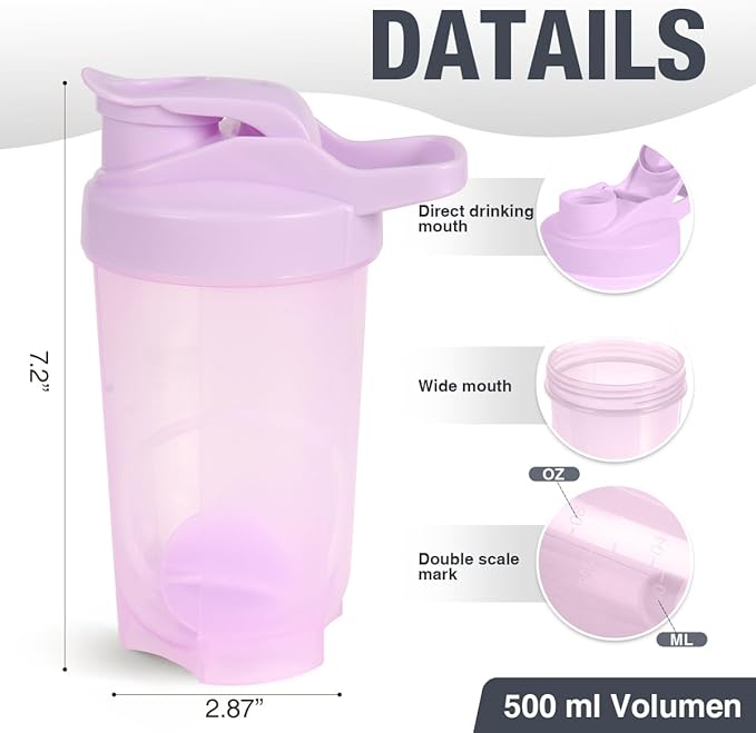 D.Y.A 16oz Shaker Bottle，Leak Proof Sports Shaker Cups for Protein Shakes，Shaker Bottle for Pre Workout and Travel To Go，BPA Free & Easy Clean Protein Shaker Bottle,Purple