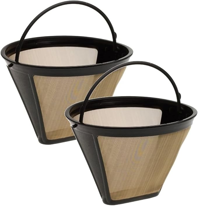 Reusable #4 Gold Tone Mesh Cone Coffee Filter Basket - Cuisinart Coffee Maker Filter Replacement for Ninja, Hamilton Beach, Breville, Moccamaster, Bonavita, Farberware, 2pcs