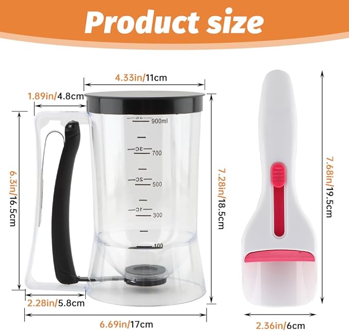 4 Cup Pancake Batter Dispenser with Cupcake Scoop Batters Dispenser,Pancake Waffl Mix Dispenser with Squeeze Handle & Measuring Marks,for Cupcake,Muffins, Crepes & Cupcakes(black)