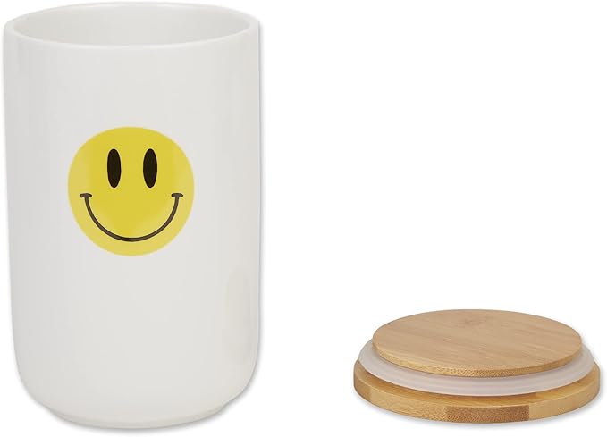 Bone Dry Ceramic Pet Treat Canister with Bamboo Lid, Dishwasher Safe, Countertop Storage, Keep Dog & Cat Treats Safe & Dry, 4x6.5", Smiley Face