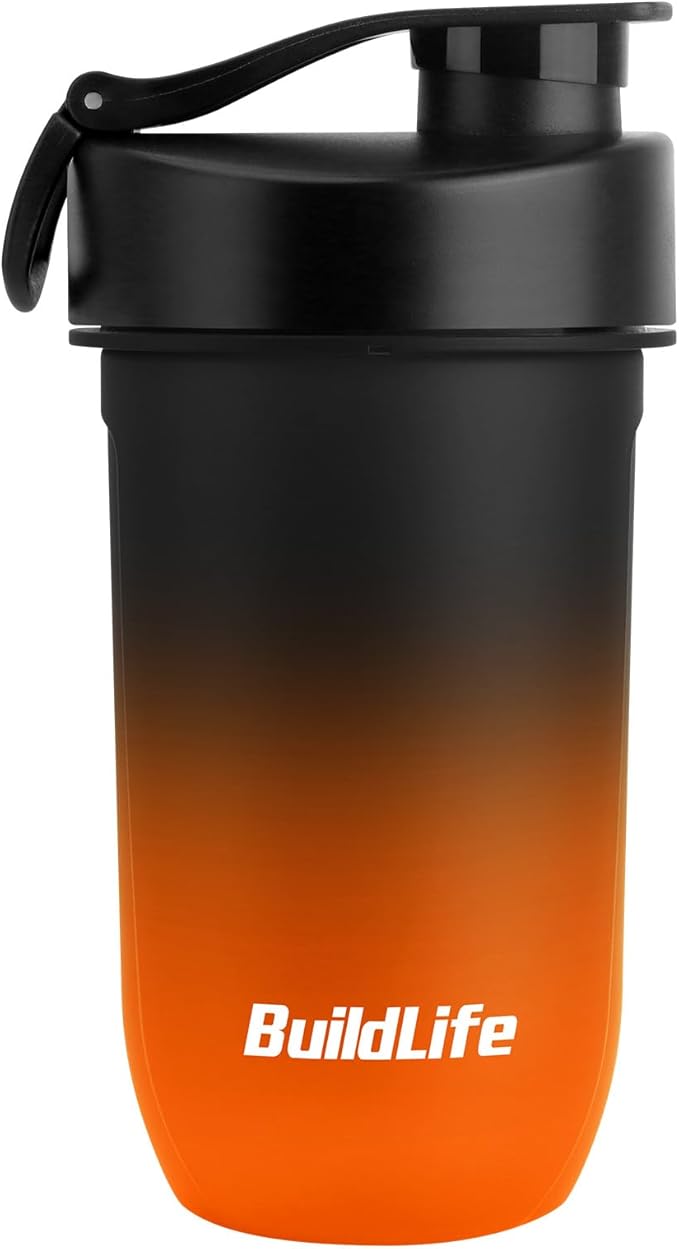 BuildLife Protein Shaker Bottle, 20oz Tritan Shaker Cup with Silent Mixing Grid – Lump Free Shakes 600ML for Pre Workout Protein & Smoothies, BPA-Free Leakproof Dishwasher Safe (BlackOrange)
