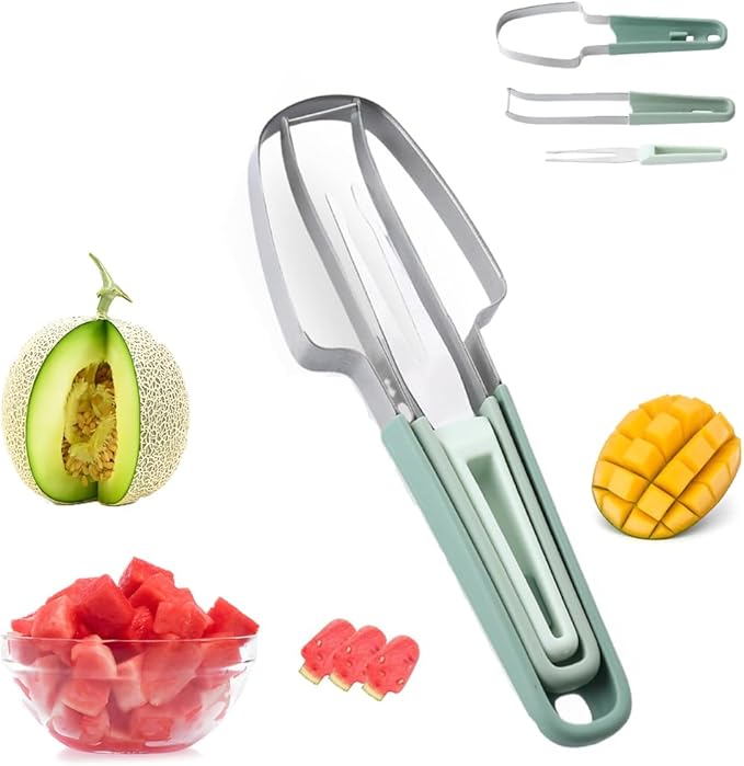 Watermelon Cutter, Watermelon Fork Slicer Cutter, Upgraded 3-in-1 Stainless Steel Summer Watermelon Cutting Tool, Multi-Melon Fruit Forks Slicer Cutter for Party Camping & Kitchen
