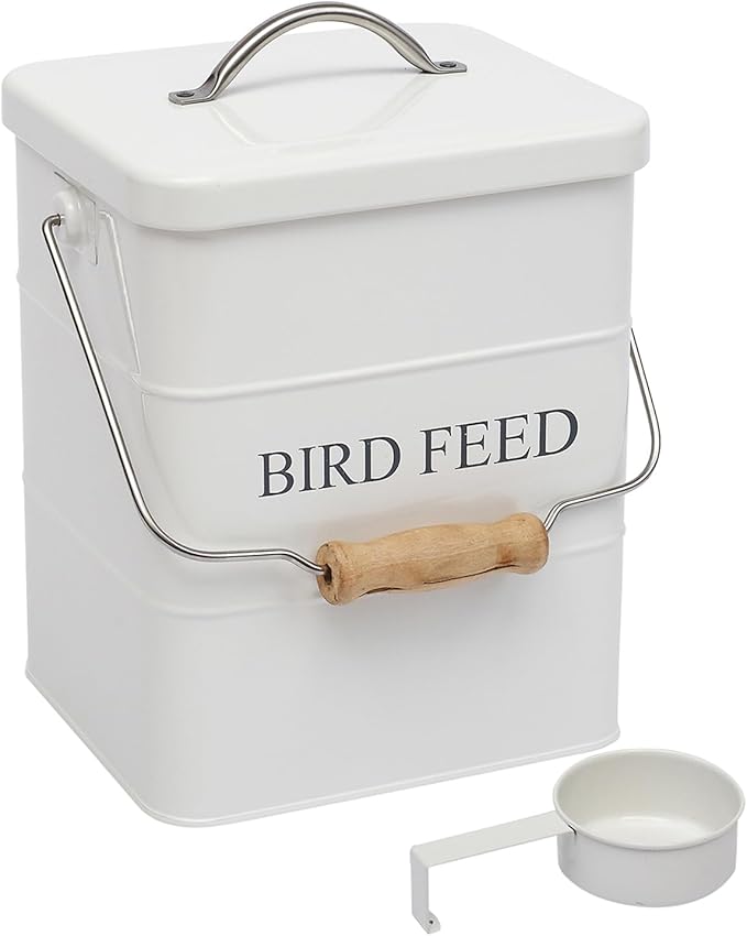 Bird Seed Storage Container Airtight,5~6LB Metal Bird Food Container with Scoop,Wild Birds Feed Tin for Storing Sunflower Seed-Ideal for Outdoor or Indoor-Squirrel proof -White