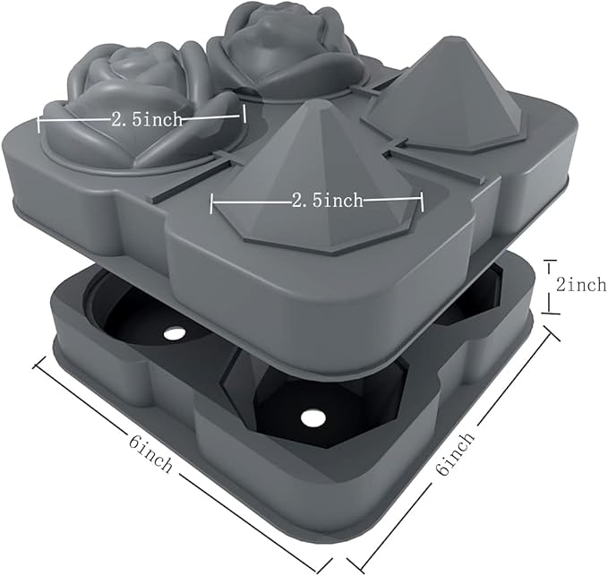 Ice Cube Tray, HANCELANT 2.5inch Ice Cube Molds, 2 Cavity Silicone Rose & 2 Diamond Ice Ball Maker, Easy Release Large Ice Cube Form for Chilling Cocktails, Whiskey, Bourbon & Homemade Juice (Gray)