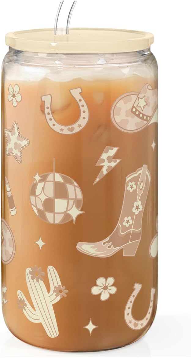 SANDJEST Western Cowgirl 16oz Can Glass Tumbler with Acrylic Lid & Straw, Iced Coffee Cup for Women, Aesthetic Cups Gifts for Birthday Christmas