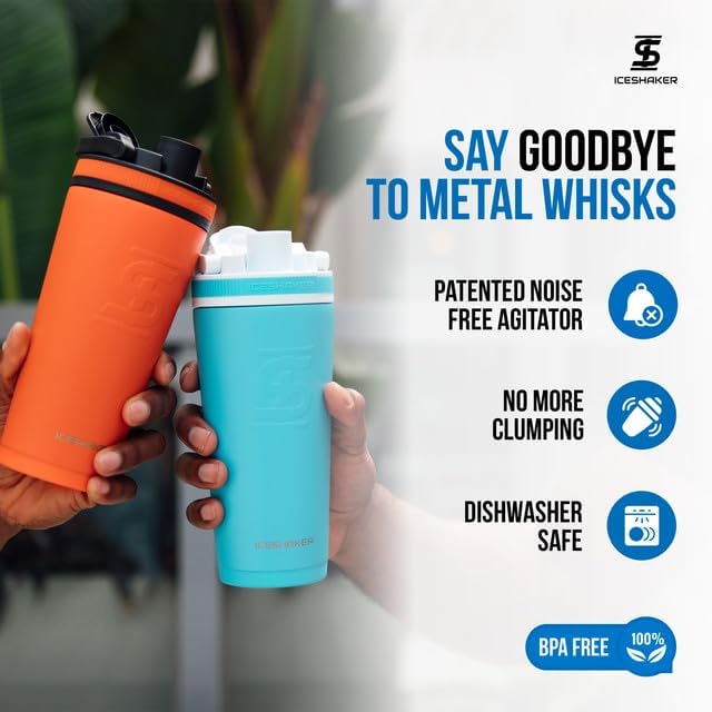 Ice Shaker Insulated Stainless Steel Shaker Bottle | 26oz, Orange | Cold for 30+ Hours | Insulated Cup with Twist-on Agitator | Odor-Free Bottle for Protein Shakes, Water, Smoothies, Cocktails