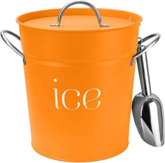 3Qt Orange Galvanized Ice Bucket with Lid, Scoop & Handles - Ideal for Cocktails, Parties, BBQs, Wine & Champagne. Double-Layer Insulated Outer & Galvanized Inner Layer, Perfect for Home & Outdoor Use