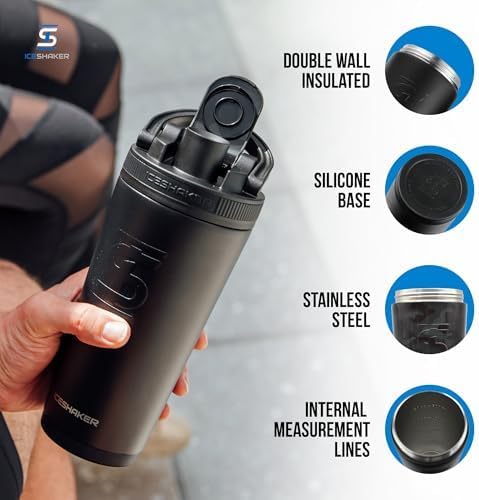 Ice Shaker Insulated Stainless Steel Shaker Bottle | 26oz, Black camo | Cold for 30+ Hours | Insulated Cup with Twist-on Agitator | Odor-Free Bottle for Protein Shakes, Water, Smoothies, Cocktails