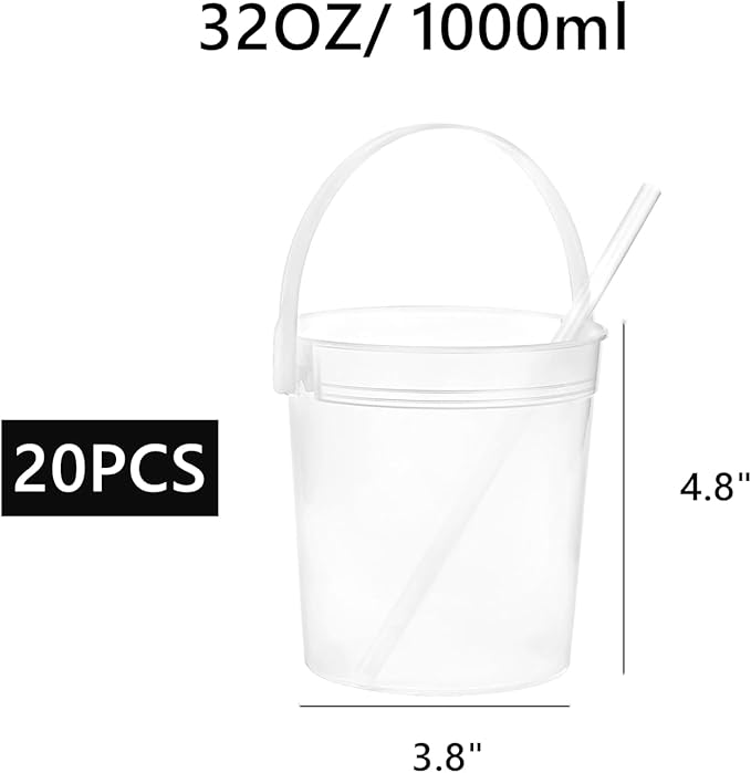 20 Pack Plastic Rum Buckets for Drinks, 32OZ Cocktail Buckets with Lid and Straw, Reusable Smoothie Bucket, 1Liter Large Ice Cream Pails for Halloween Football Parties Bar
