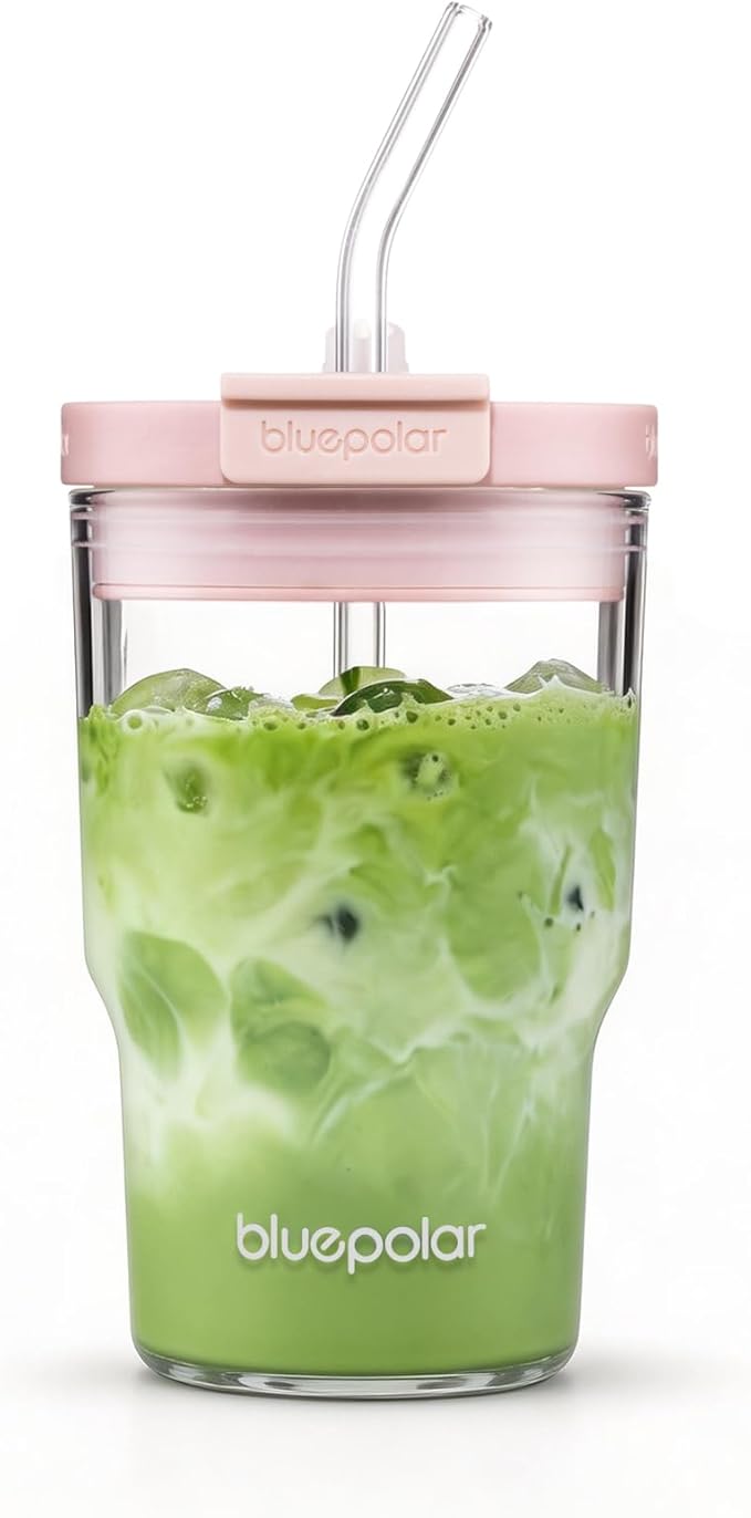 Iced Coffee Glasses with Lids and Straws,Car Cup Holder Friendly, Leakproof Portable Tumblers for Cold Brew, Juice & Smoothie, Ideal for Travel, Office & Gym, BPA-Free Reusable (pink,16, ounces)