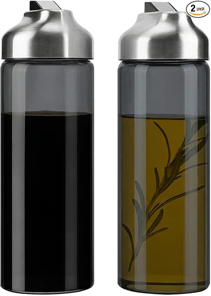 Aelga Olive Oil Dispenser Bottle for Kitchen, 2-Pack 14oz Dark Glass Oil and Vinegar Dispenser Set, Auto Flip Lid, UV-Protected Cooking Oil Cruet with Drip-Free Pour Spout