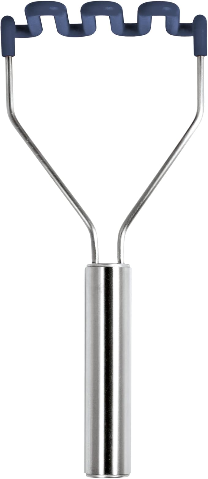 Tovolo Silicone Potato Masher Stainless Steel Handle Deep Indigo Dishwasher Safe Heat Resistant Non Scratch Handheld Coil Wire Potato Smasher for Nonstick Pans Ergonomic Kitchen Food Prep Tool