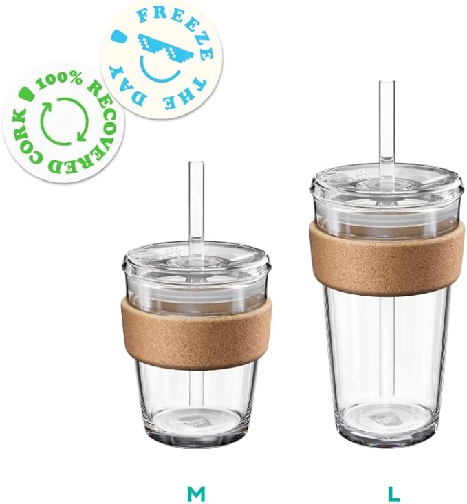 KeepCup Cold Cup - Brew Cork Tempered Glass Ice Coffee Tumbler with Recovered Cork Band, Lid and Straw - 12oz (340ml)