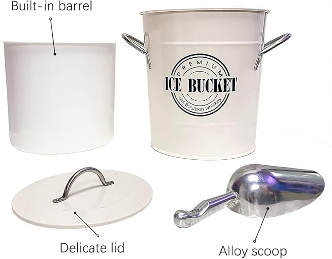 T586A 4L Cream White Metal Galvanized Double Walled Ice Bucket Set with Lid and Scoop