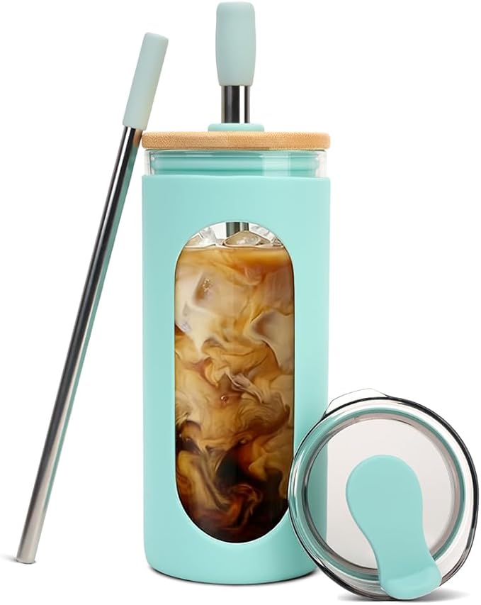 Sursip 20 oz Glass Tumbler with Lids and Straws, Reusable Borosilicate Glass Iced Coffee Cup with Bamboo Lid for Smoothie Boba Juice,Travel BPA-Free - Light Blue