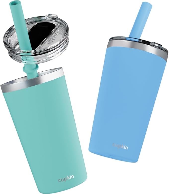 CUPKIN Reusable Cups with Lids, The Original Stackable 12 oz Stainless Steel Tumbler with Lid, Set of 2 Powder Coated Insulated Kids Tumblers, BPA Free Lids & Reusable Silicone Straws (Blue + Green)