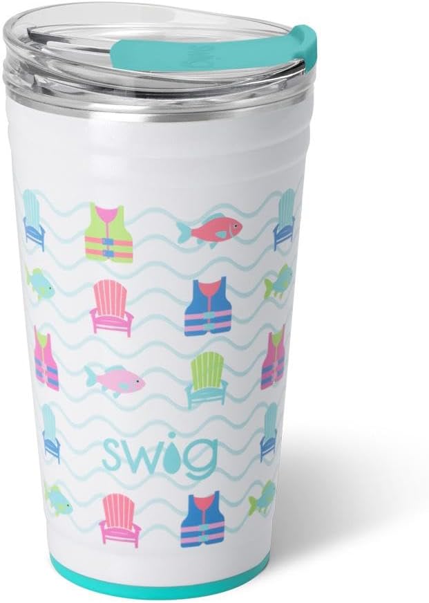 Swig Life 24oz Party Cup, Stackable Insulated Travel Coffee Tumbler with EZ Slider Lid, Cup Holder Friendly, Stainless Steel 24 oz Tumbler, Reusable Coffee Mug (Lake Girl)