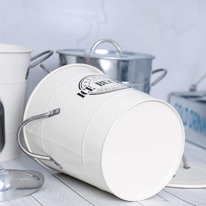T586A 4L Cream White Metal Galvanized Double Walled Ice Bucket Set with Lid and Scoop